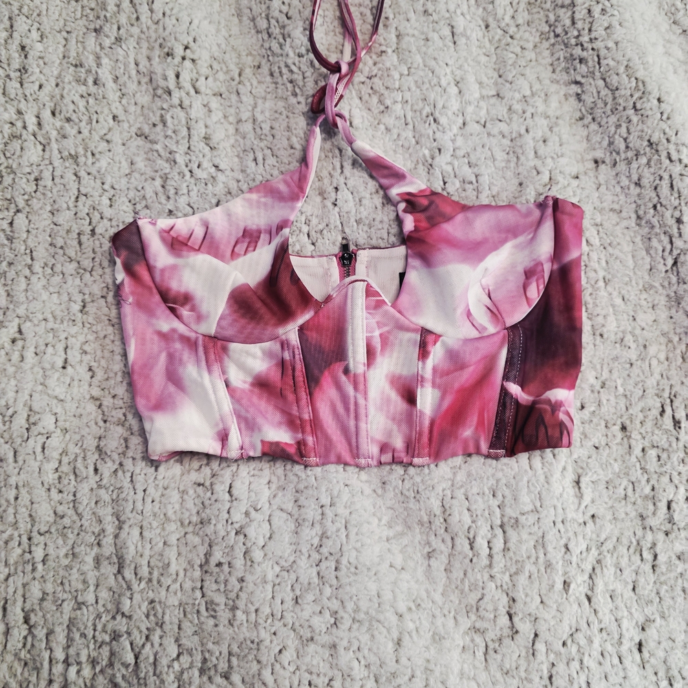 White Fox Boutique Pink Floral Halter Crop Top